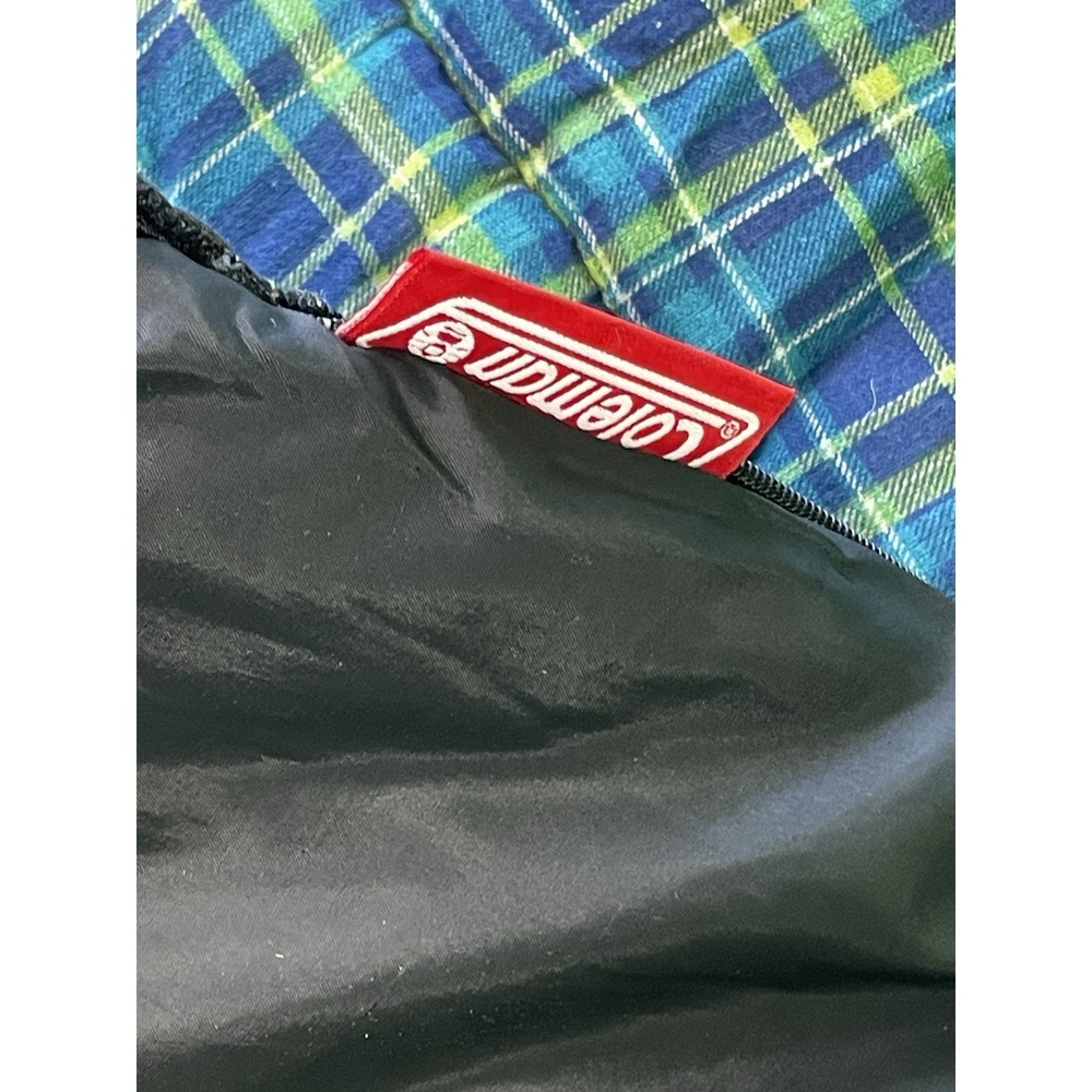 Vintage Coleman Sleeping Bag Plaid Blue Green Flannel Cotton Lining 33x75